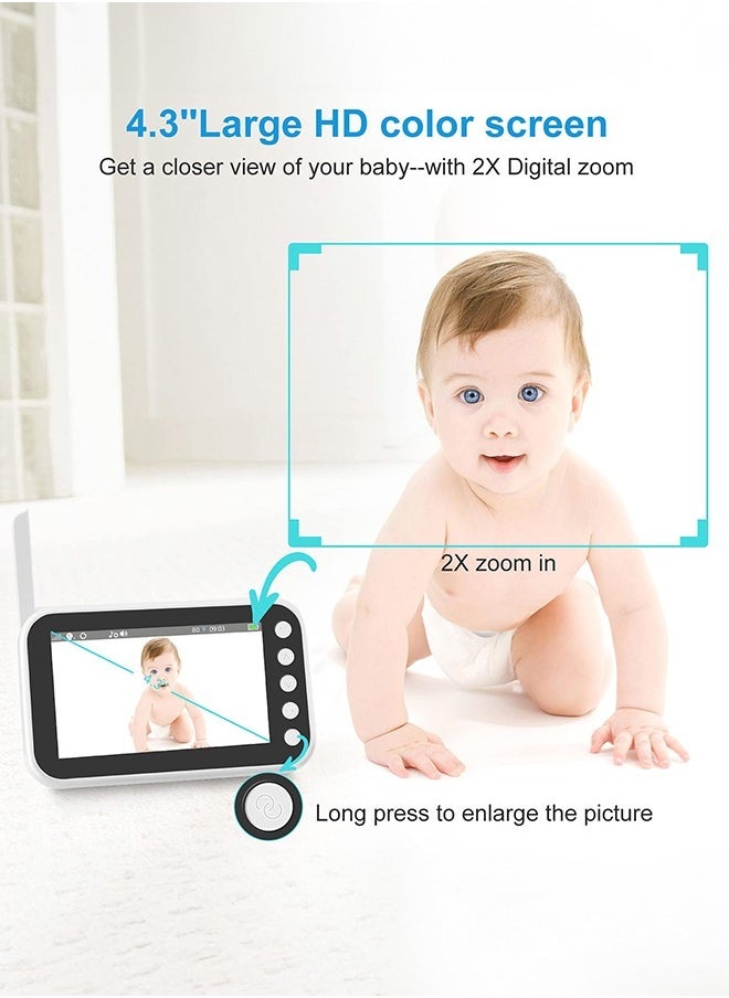 Baby Monitor with Camera Audio 4.3 Inch Display 360° Rotation Range 8 Lullaby Monitor for Babies and Elderly