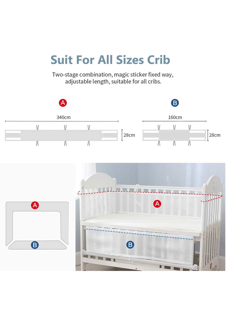 Baby Crib Bumper Set - Breathable Mesh Bedside Protector, Anti-Collision Cotton Cot Liner, Baby Bed Rail Guard, Bedside Safety Fence, 2 Pieces - 340x28cm + 160x30cm, Newborn Baby Bed Safety Protector