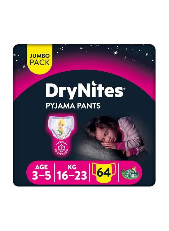 DryNites Pyjama Pants, 3-5 years, Bed Wetting Diaper, Girl, 16-23 kg, 4 x Jumbo Packs, 64 Pants