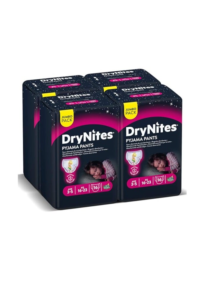 DryNites Pyjama Pants, 3-5 years, Bed Wetting Diaper, Girl, 16-23 kg, 4 x Jumbo Packs, 64 Pants