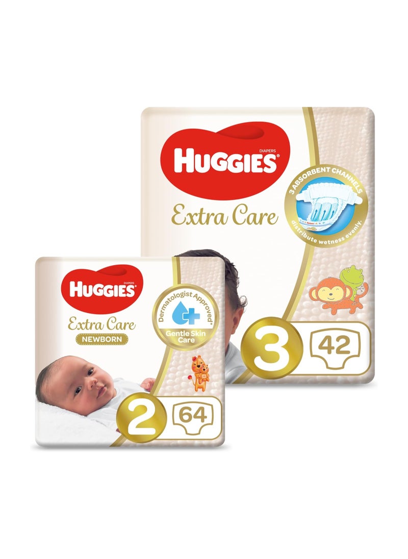 Extra Care Upsize Pack (Size 2-64 Diapers) and (Size 3-42 Diapers)-128 Diapers