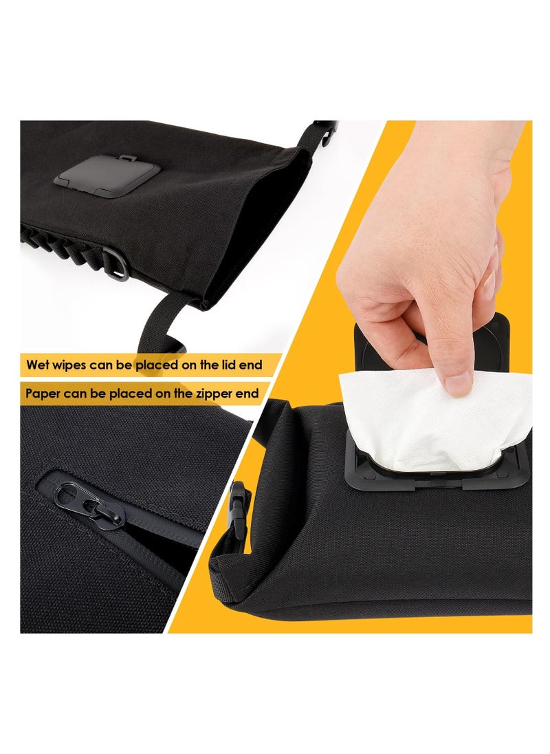 Baby Wipe Dispenser, Portable Wipes Container for Travel, Waterproof Canvas Wipes Dispenser, Wet Wipes Pouches Dispenser, with Press Lid and Zip Refillable Hanging Wipe Holder, Keeps Wipe Fresh, Black