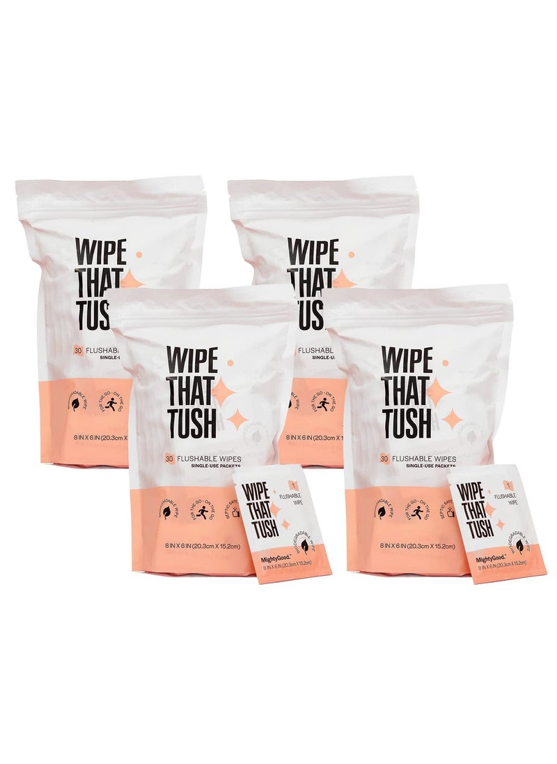 4Pack Wet Wipes Individually Wrapped On The Go Flushable Wet Wipes Extra Large Wipes with Aloe Hypoallergenic and Unscented for Adults Body Hand Face Cleaning Travel Bathroom Toilet Use 4x30Pcs