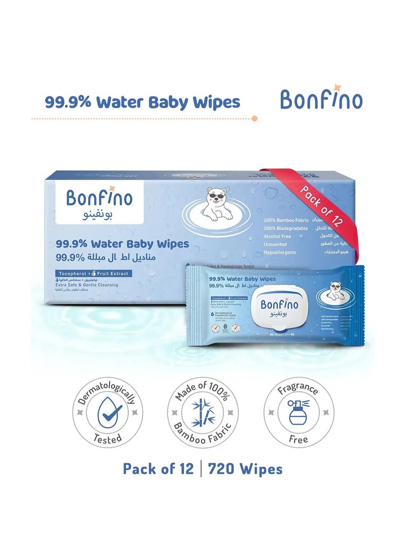 720 Pieces Hypoallergenic 99.9% Water Baby Wipes - Alcohol & Fragrance-Free, Biodegradable Bamboo