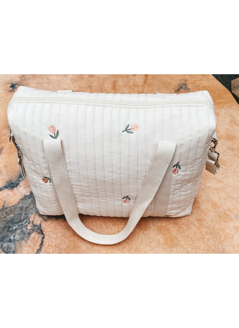 Embroidered Cotton Diaper Mommy Bag Organizer Beige Tulip Mummy Bag