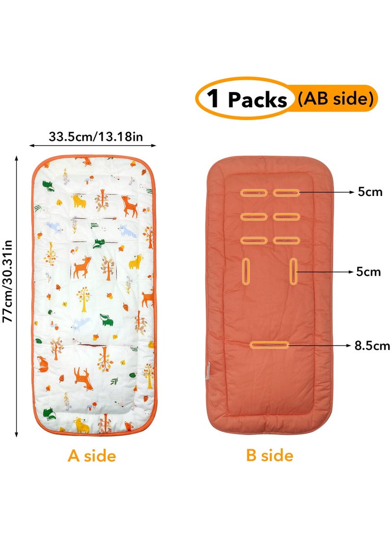 Toddler Stroller Cushion, Reversible Universal Breathable And Soft Toddler Stroller Mat, 100% Cotton Cover Toddler Seat Pad Liner, 34x78 cm, 1 Pack, Animals And Orange