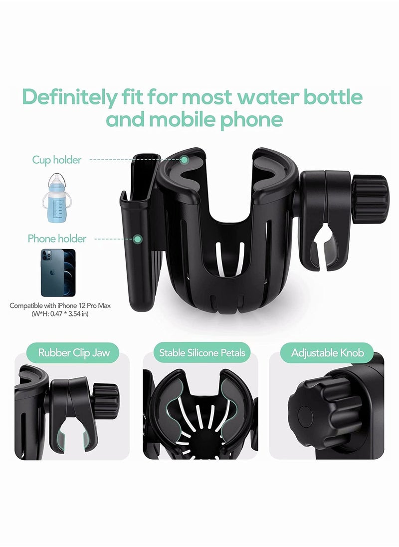 Upgraded 2-in-1 Cup Holder with Phone Holder, Universal Design for Strollers, Bikes, Wheelchairs, and Scooters, 360-Degree Rotation, Large Capacity Drink Holder