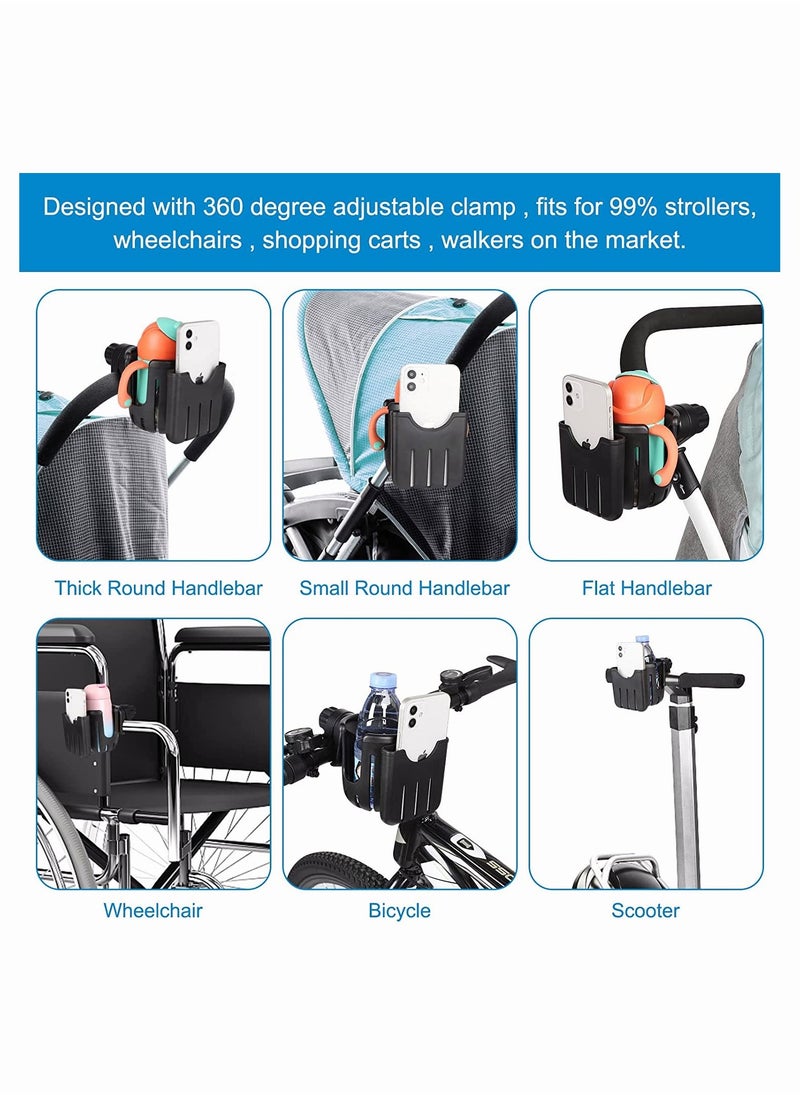 Upgraded 2-in-1 Cup Holder with Phone Holder, Universal Design for Strollers, Bikes, Wheelchairs, and Scooters, 360-Degree Rotation, Large Capacity Drink Holder