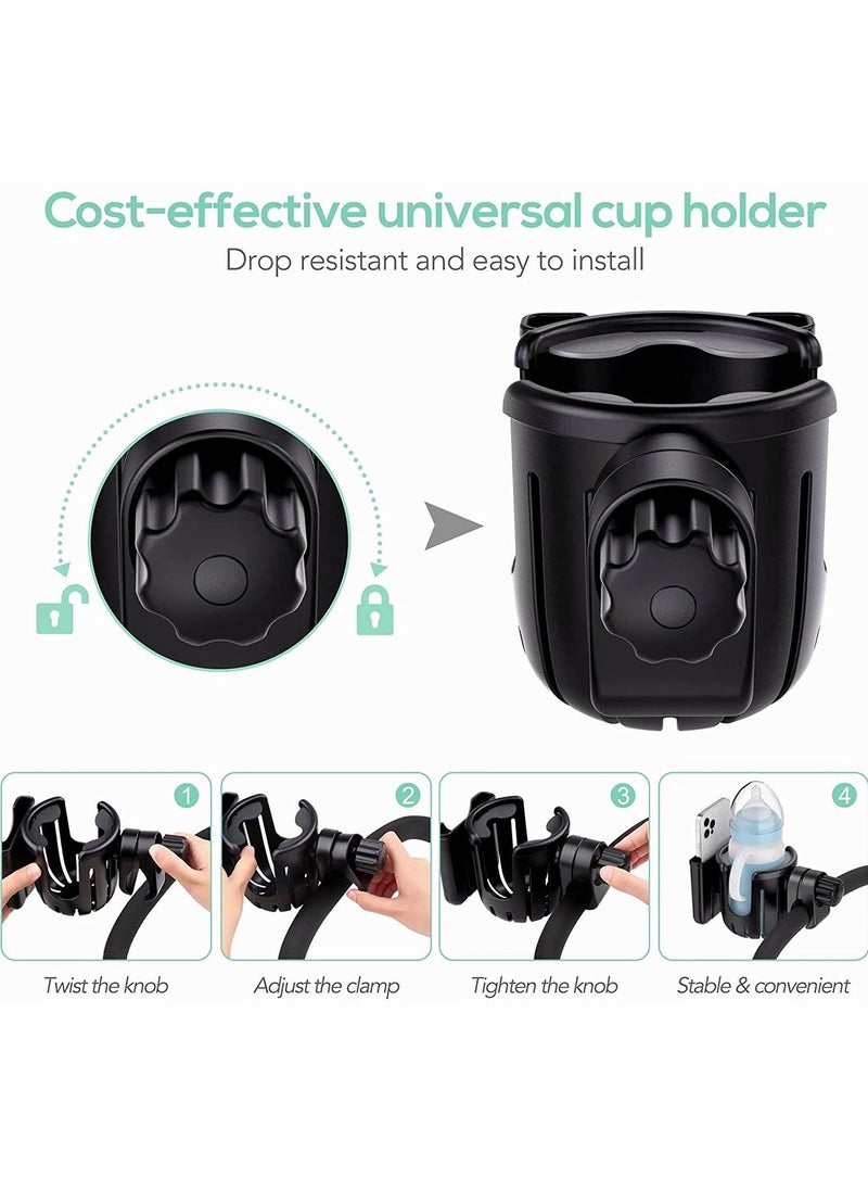 Upgraded 2-in-1 Cup Holder with Phone Holder, Universal Design for Strollers, Bikes, Wheelchairs, and Scooters, 360-Degree Rotation, Large Capacity Drink Holder