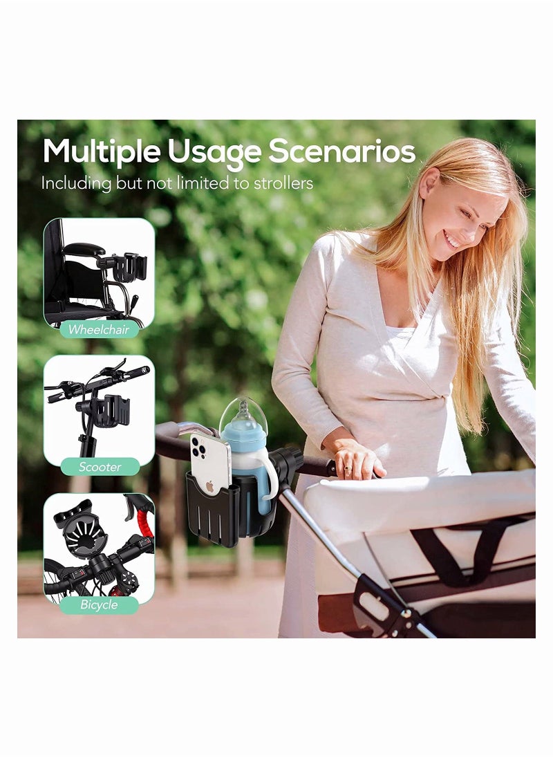 Upgraded 2-in-1 Cup Holder with Phone Holder, Universal Design for Strollers, Bikes, Wheelchairs, and Scooters, 360-Degree Rotation, Large Capacity Drink Holder