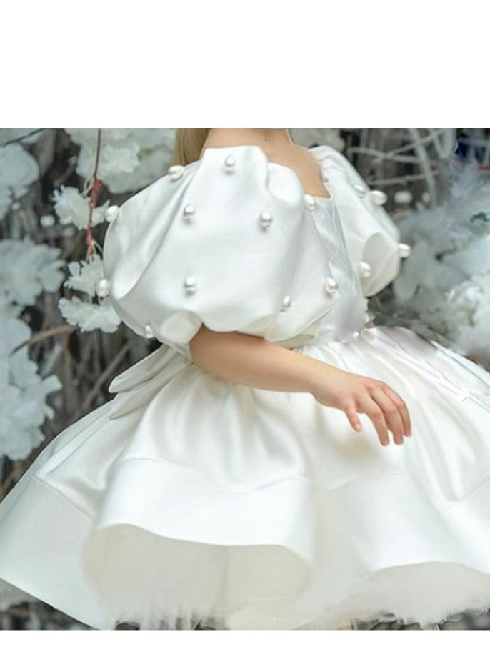 Children's White Fluffy Dress, Evening Gown, Birthday Dress