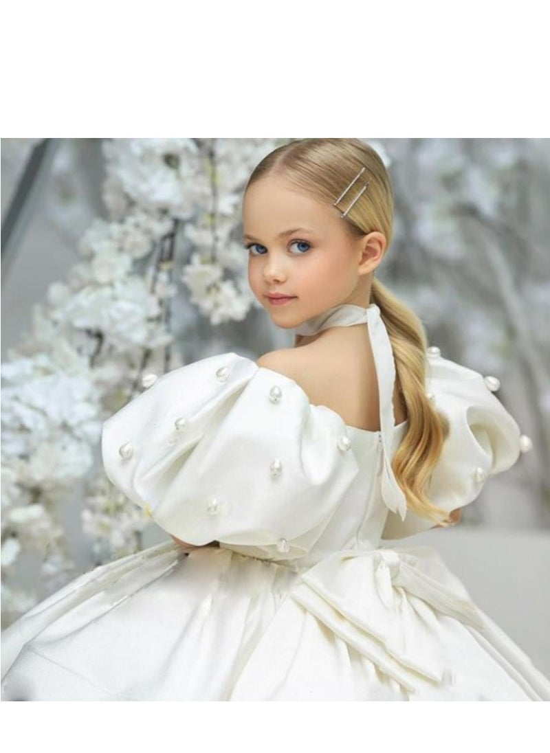 Children's White Fluffy Dress, Evening Gown, Birthday Dress