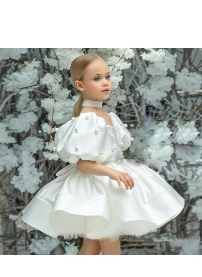 Children's White Fluffy Dress, Evening Gown, Birthday Dress