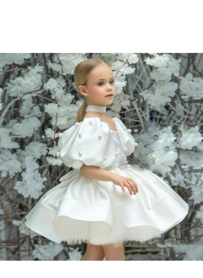 Children's White Fluffy Dress, Evening Gown, Birthday Dress