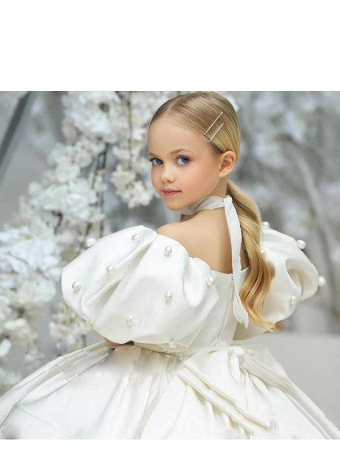 Children's White Fluffy Dress, Evening Gown, Birthday Dress