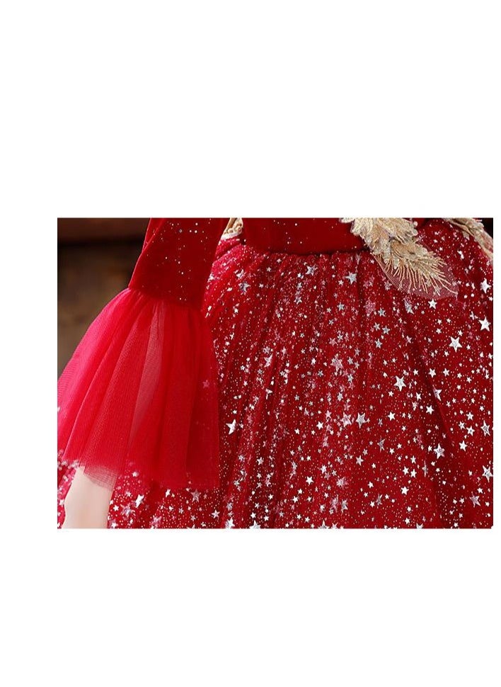 Children's Princess Dress, Red Evening Gown, High-End Birthday Dress