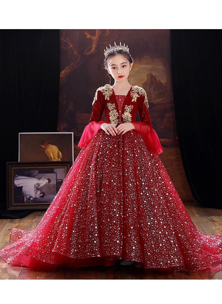 Children's Princess Dress, Red Evening Gown, High-End Birthday Dress