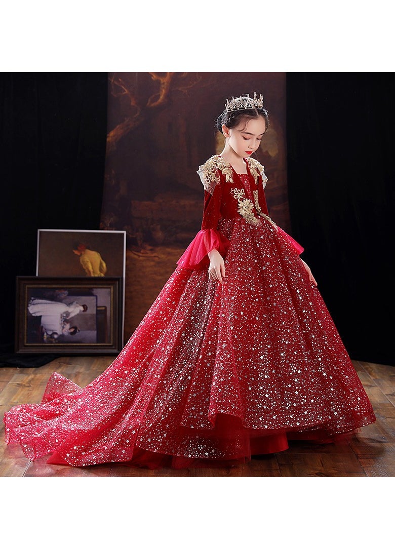 Children's Princess Dress, Red Evening Gown, High-End Birthday Dress