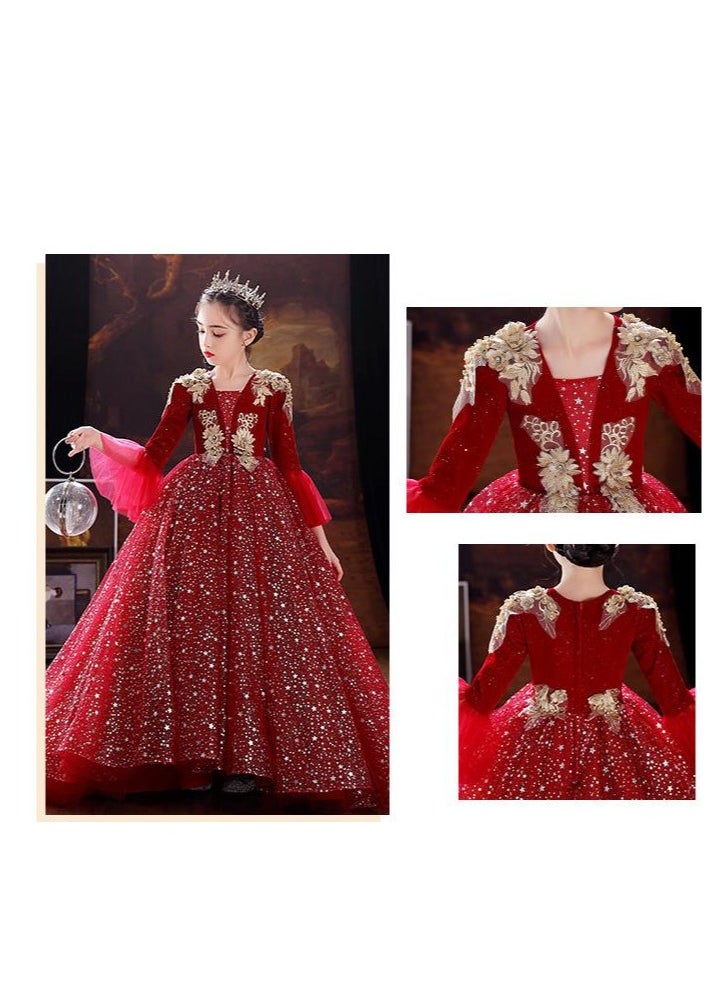 Children's Princess Dress, Red Evening Gown, High-End Birthday Dress