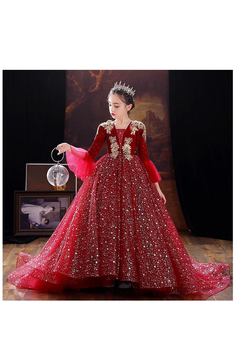 Children's Princess Dress, Red Evening Gown, High-End Birthday Dress