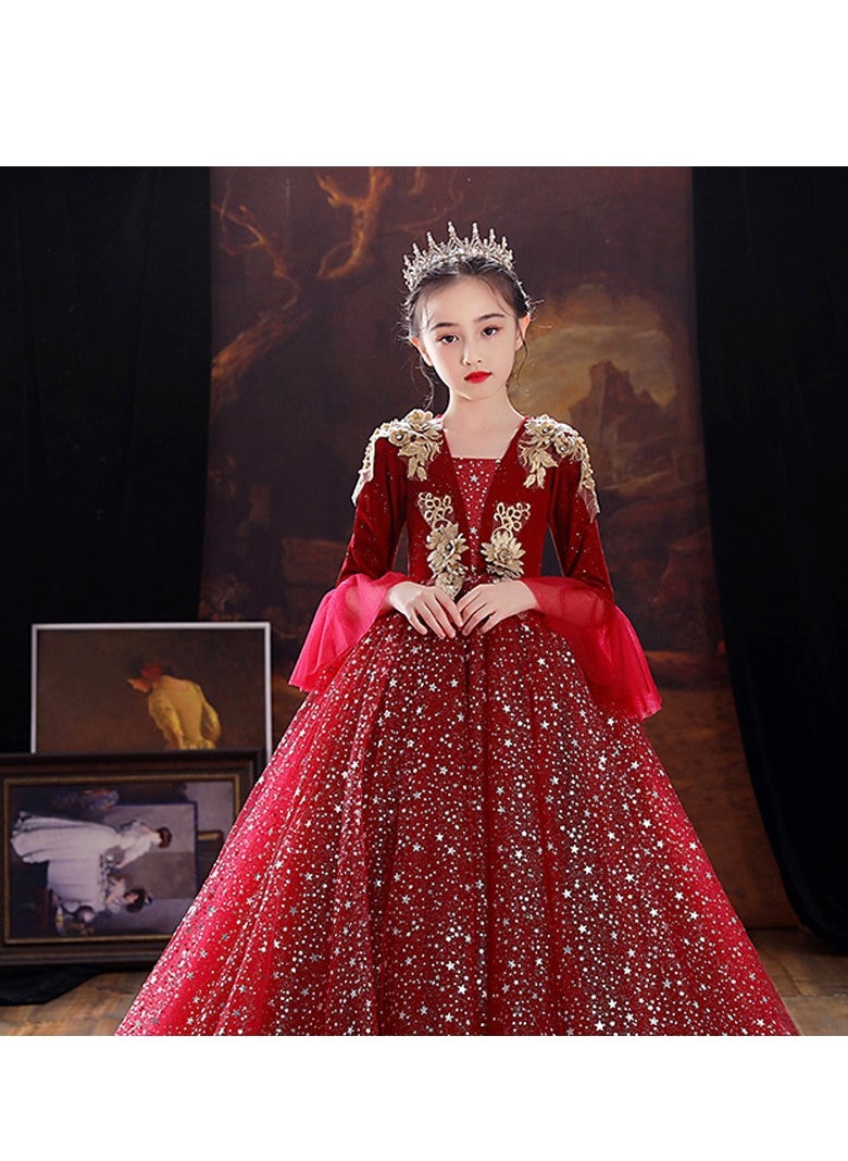 Children's Princess Dress, Red Evening Gown, High-End Birthday Dress