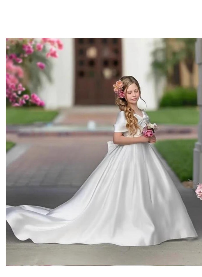 Children's Princess Dress, Pure White Evening Gown, High-End Birthday Dress