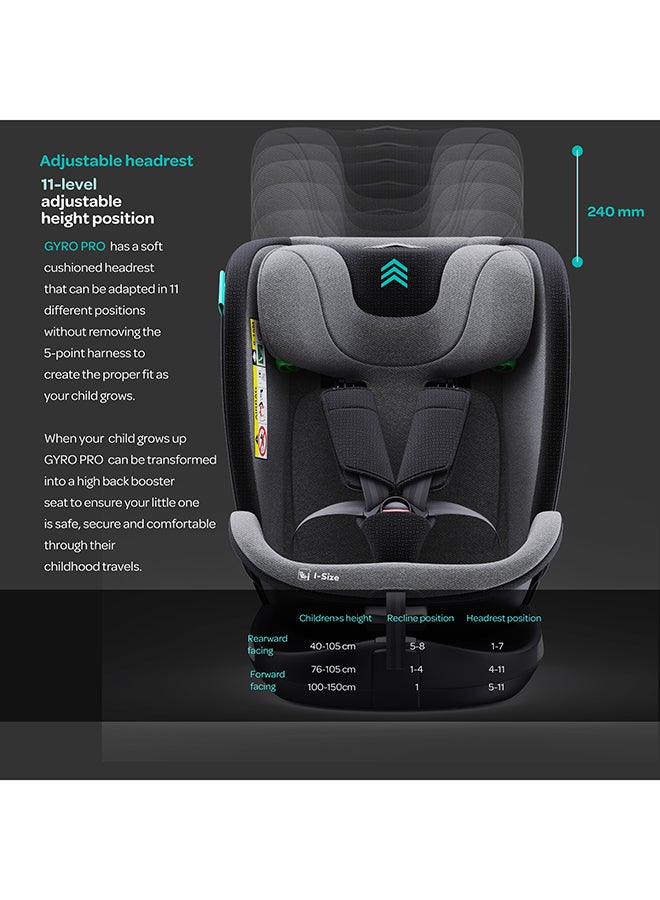 Gyro Pro I-Size 360° Rotating Car Seat W/ Isofix For 40-150Cm (Group 0+,1,2,3) 0M To 12Yr - Grey
