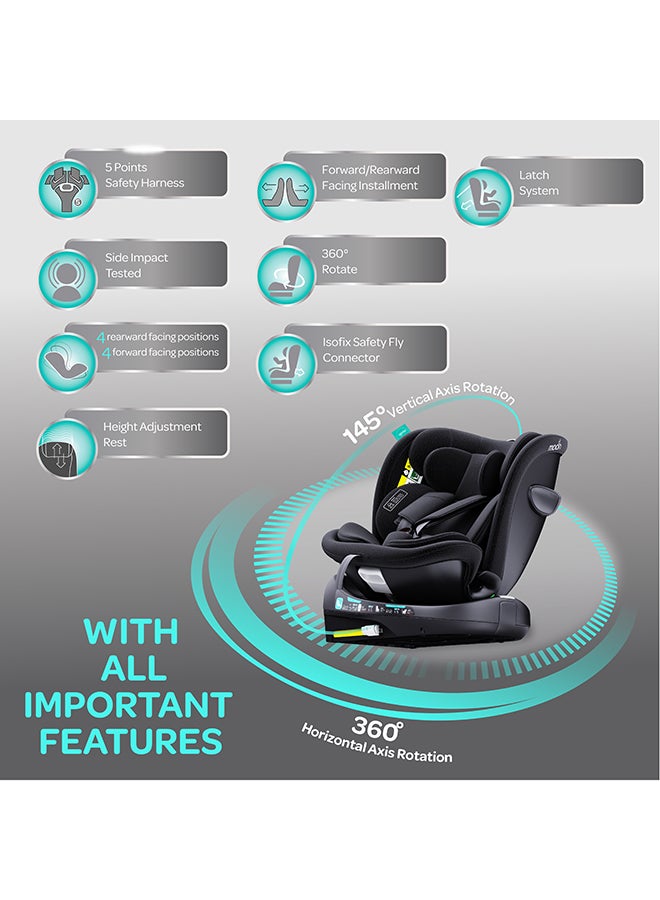 Gyro Pro I-Size 360° Rotating Car Seat W/ Isofix For 40-150Cm (Group 0+,1,2,3) 0M To 12Yr - Grey