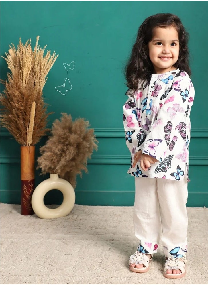 Polka Tots Full Sleeves Night Wear Butterfly Kurta Pyjama - White