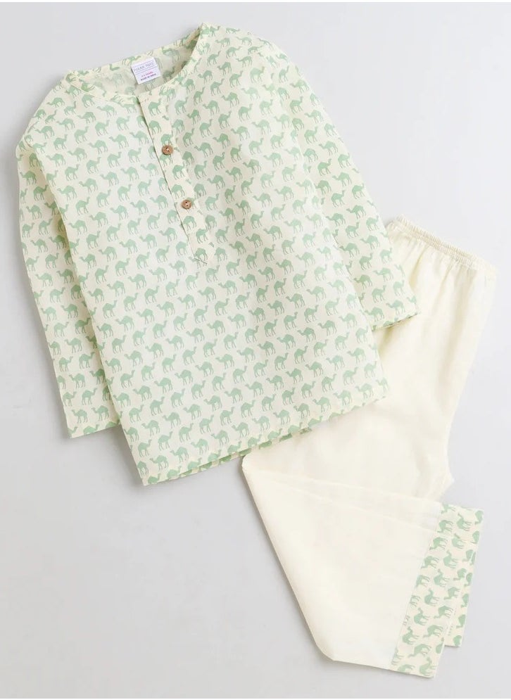 Polka Tots Full Sleeves Night Wear Camel Kurta Pyjama - Green