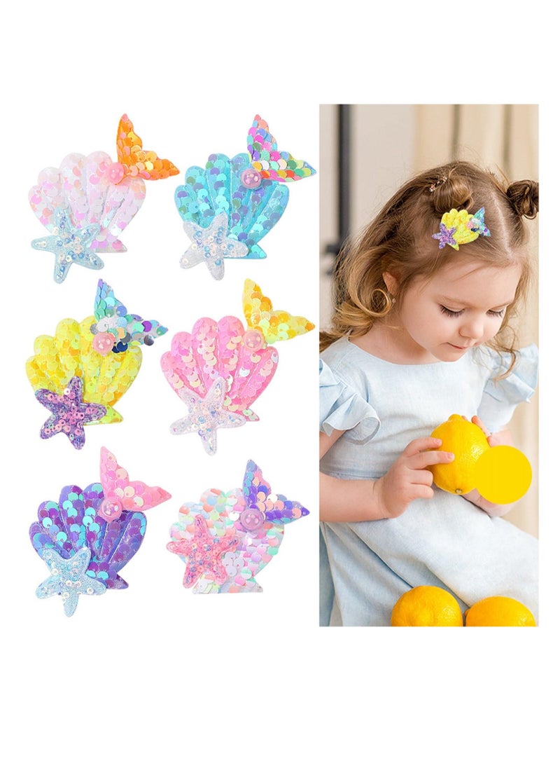 Mermaid Hair Clips for Girls, 6 Pcs Glitter Sequin Starfish Shell Barrettes Hairpins, Sparkly Hair Accessories for Kids Toddler Girls, Beach Hair Accessories, Multicolor