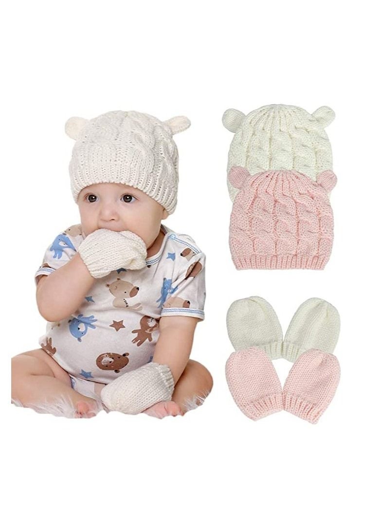 Newborn Winter Beanie Hat Gloves Set for Baby Girls Boys, Infant Toddler Warm Knitted Hat Gloves, Unisex-Baby Beanies