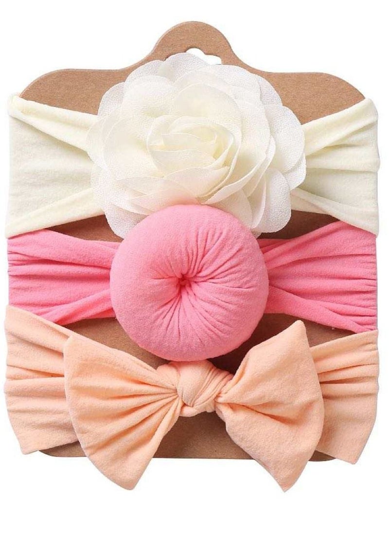 The Girl Cap Elastic Baby Headband Stretchable Nylon Assorted Hairbands Hair Accessories for Baby- White Pink Orange - 3PCS