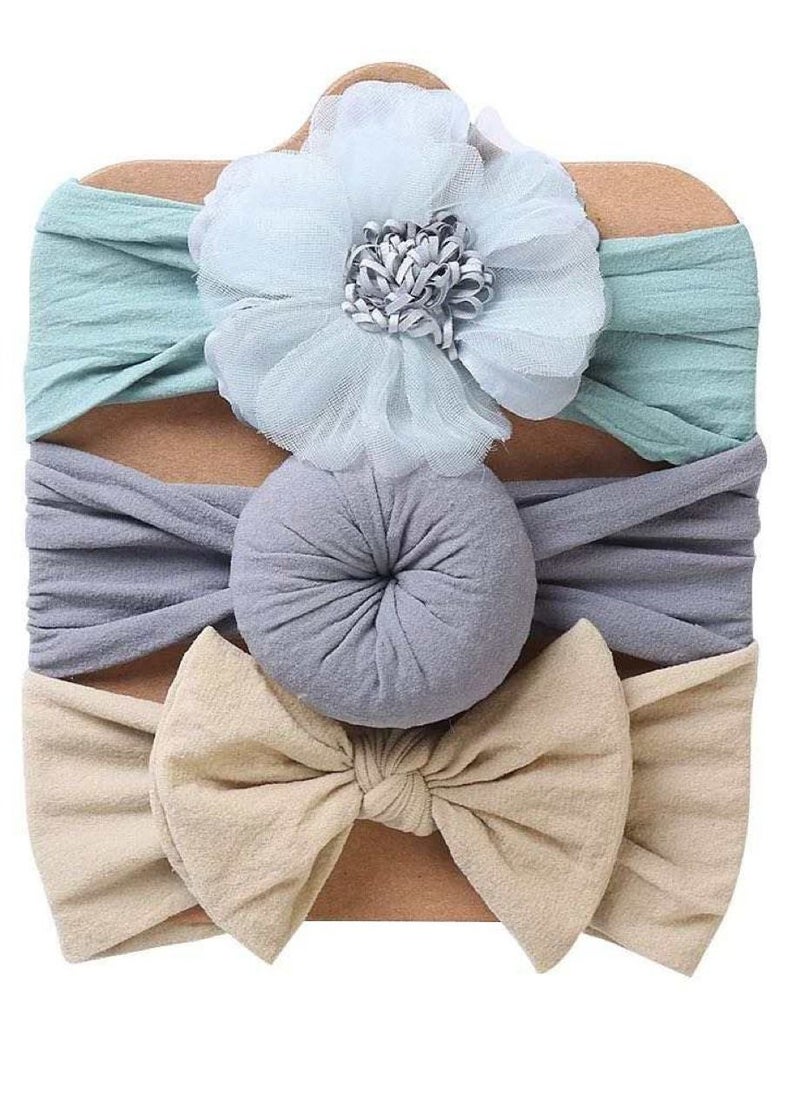 The Girl Cap Elastic Baby Headband Stretchable Nylon Assorted Hairbands Hair Accessories for Baby- Green Grey Off white - 3PCS