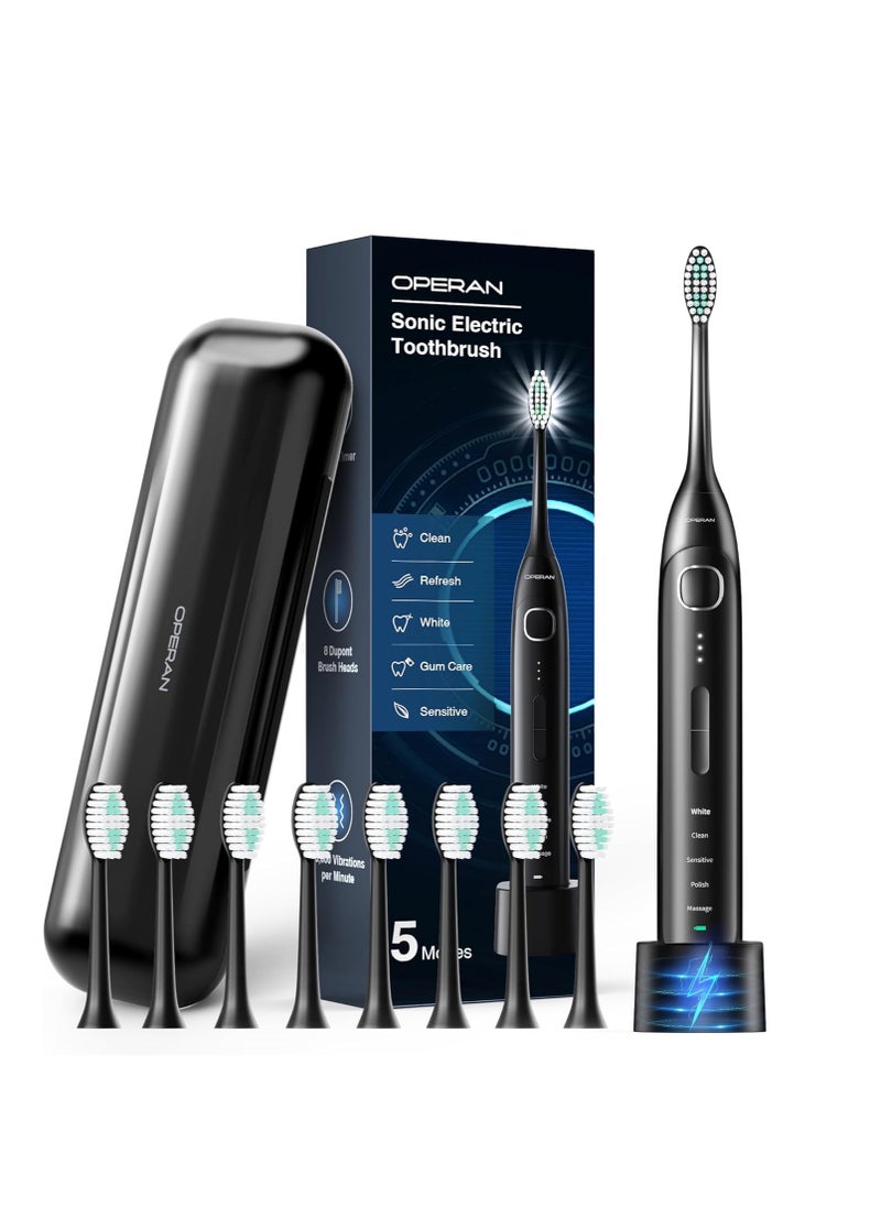 Operan Electric Toothbrush for Adults and Kids Rechargeable Sonic Toothbrush with 5 Modes 2-Min Smart Timer IPX7 Waterproof 40,000 VPM Motor with 8 Brush Heads & Travel Case (Black)