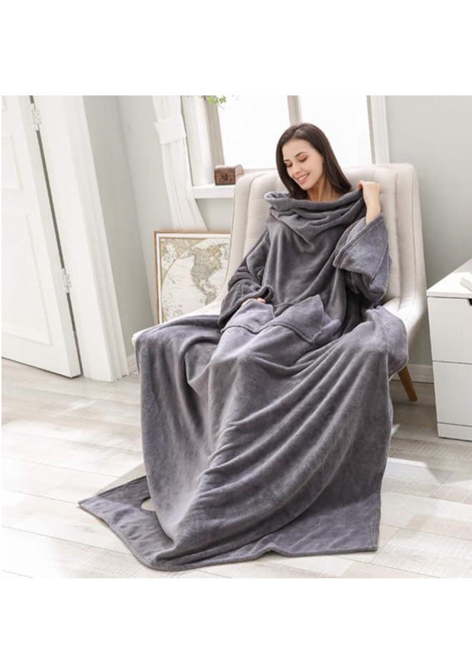 Super Soft Warm Comfy Large Fleece Plush Wrap Robe Wearable Blanket With Sleeves For Adult