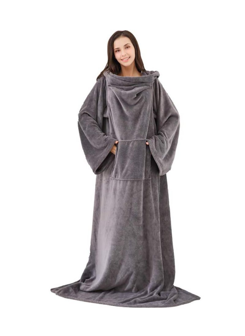 Super Soft Warm Comfy Large Fleece Plush Wrap Robe Wearable Blanket With Sleeves For Adult