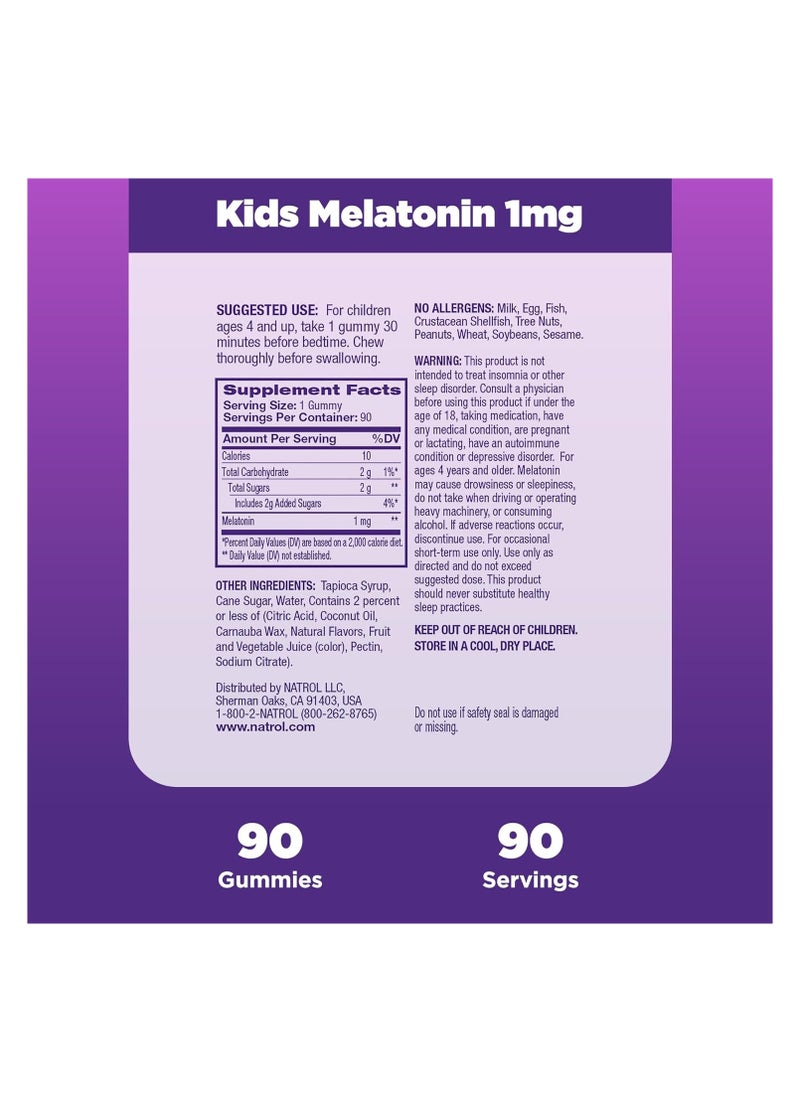 Natrol Sleep Melatonin 1mg Kids Fall Asleep Faster, Safe and Effective For Ages 4+ Raspberry 90 Gummies