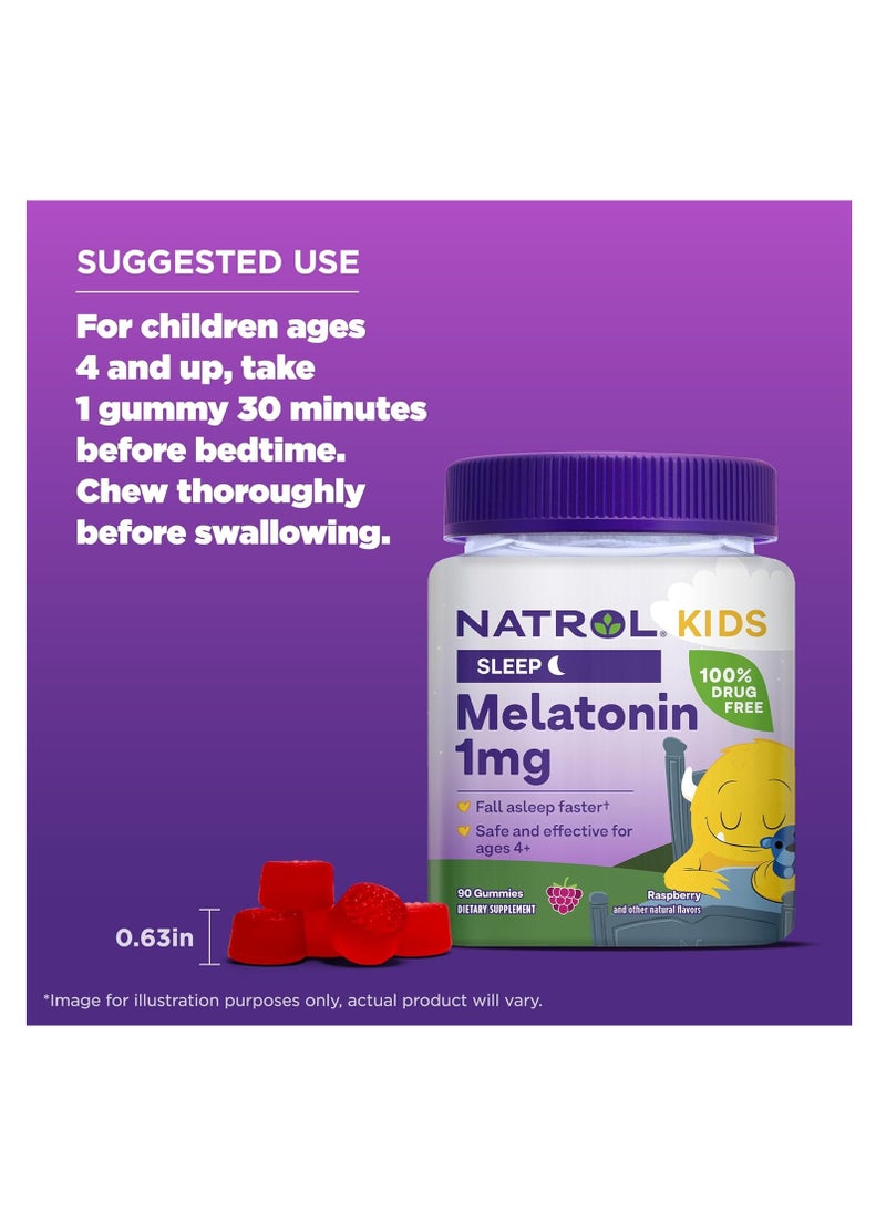 Natrol Sleep Melatonin 1mg Kids Fall Asleep Faster, Safe and Effective For Ages 4+ Raspberry 90 Gummies