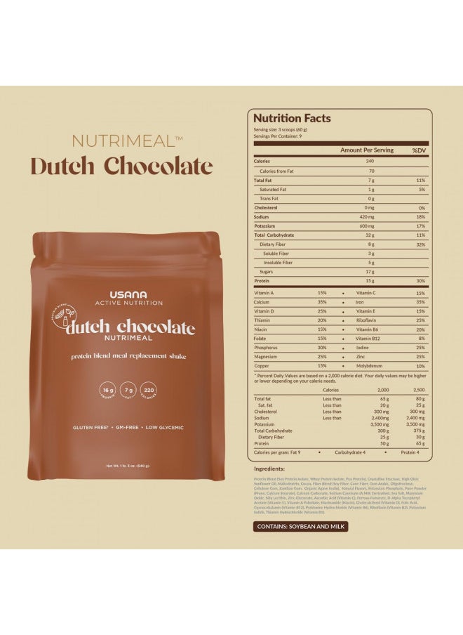 USANA Nutrimeal Meal Replacement Shake - Dutch Chocolate - Non-GMO - Gluten Free - Low Glycemic - 540 Grams - 9 Servings