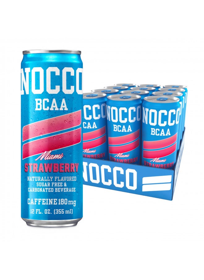 NOCCO BCAA Energy Drink Miami Strawberry - 12 Fl Oz (Pack of 12) - 180mg of Caffeine Sugar Free Energy Drinks - Carbonated & Low Calorie, BCAAs, Vitamin B6, B12, & Biotin - Grab & Go Performance Drink