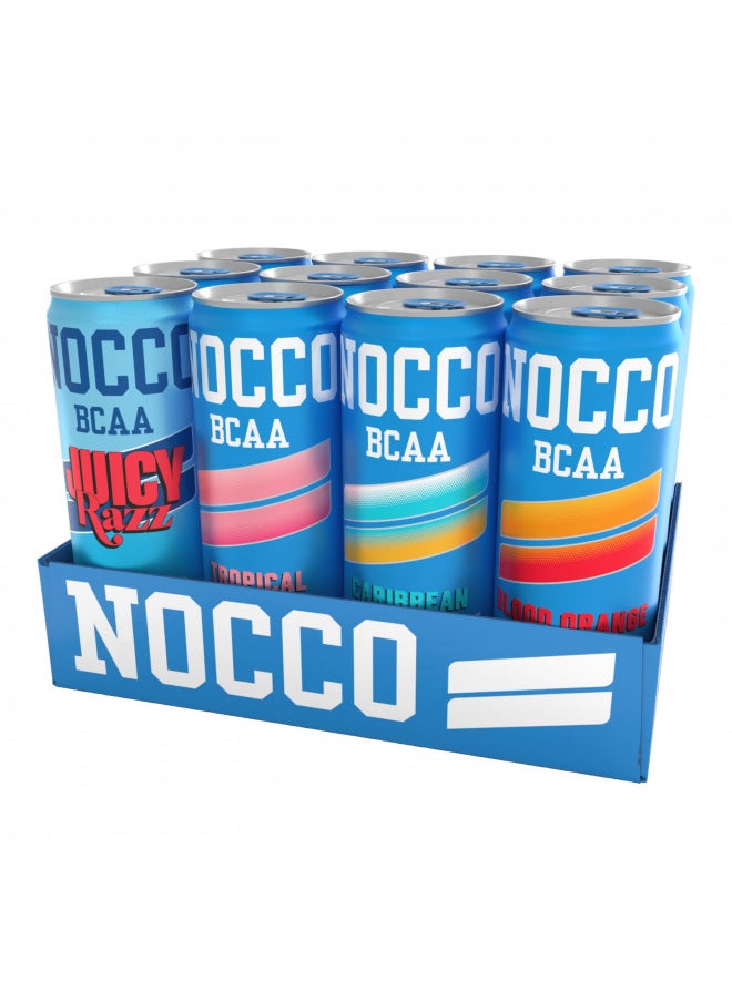 NOCCO BCAA Energy Drink Variety Pack - 12 Fl Oz (Pack of 12) - Sugar Free Caffeinated & Decaf Drink - Carbonated & Low Calorie with BCAAs, Vitamin B6, B12, & Biotin - Grab & Go Performance Drinks