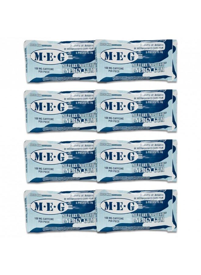 MEG - Military Energy Gum | 100mg of Caffeine Per Piece + Increase Energy + Boost Physical Performance + Arctic Mint 8 Pack (40 Count)