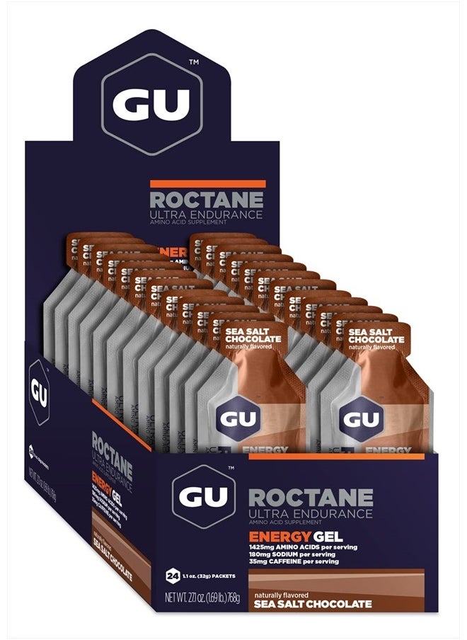 GU Energy Roctane Ultra Endurance Energy Gel, Vegan, Gluten-Free, Kosher, and Dairy-Free On-The-Go Sports Nutrition for Running, Biking, Hiking or Skiing, Sea Salt Chocolate, 24-Count