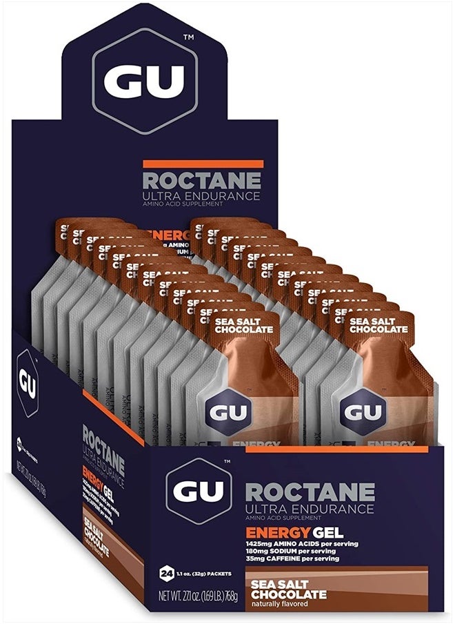 GU Energy Roctane Ultra Endurance Energy Gel, Vegan, Gluten-Free, Kosher, and Dairy-Free On-The-Go Sports Nutrition for Running, Biking, Hiking or Skiing, Sea Salt Chocolate, 24-Count