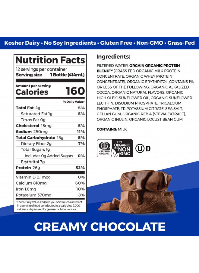 Orgain Organic Protein Shake, Grass Fed Dairy, Creamy Chocolate - 26g Whey Protein, Meal Replacement, Ready to Drink, Gluten Free, Soy Free, No Sugar Added, 14 Fl Oz (Pack of 12) (Packaging May Vary)