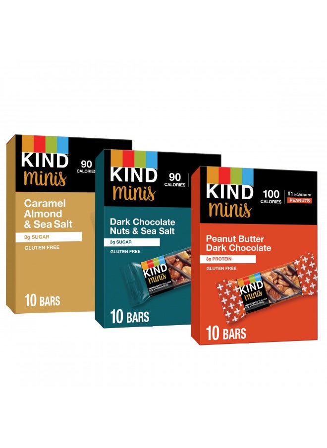 KIND Bar Minis, Variety Pack, Dark Chocolate Nuts and Sea Salt, Peanut Butter, Caramel Almond , Healthy Snacks, Gluten Free, Low Sugar/Calorie Snacks, 30 Count