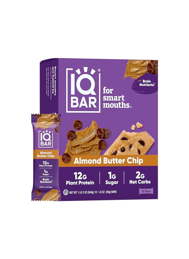 IQBAR Brain and Body Keto Protein Bars - Almond Butter Chip Keto Bars - 12-Count Energy Bars - Low Carb Protein Bars - High Fiber Vegan Bars and Low Sugar Meal Replacement Bars - Vegan Snacks