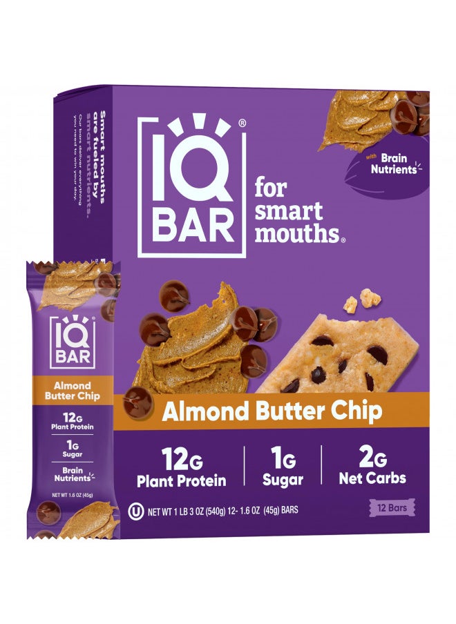 IQBAR Brain and Body Keto Protein Bars - Almond Butter Chip Keto Bars - 12-Count Energy Bars - Low Carb Protein Bars - High Fiber Vegan Bars and Low Sugar Meal Replacement Bars - Vegan Snacks