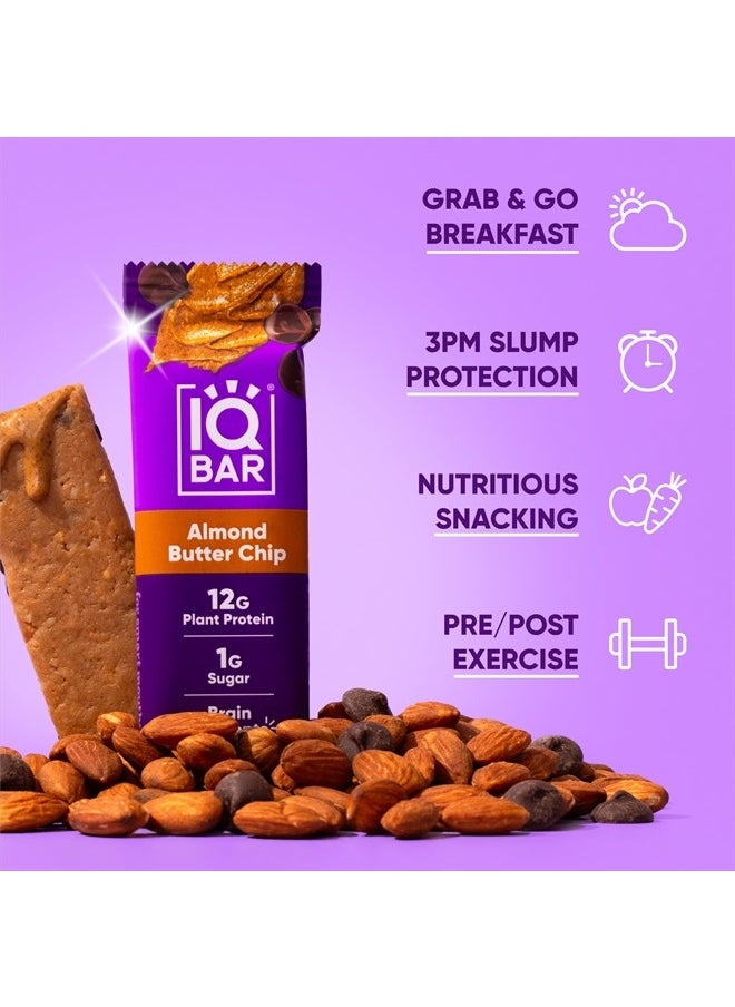 Brain and Body Plant Protein Bars - Almond Butter Chip - 12 Count, Low Carb, High Fiber, Gluten Free, Vegan Snacks - Low Sugar Keto Energy Bars